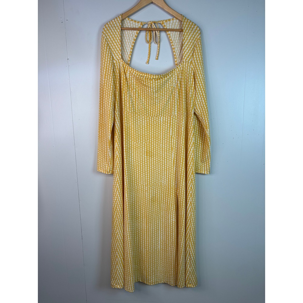 H&M Midi Dress XL Yellow Geometric Long Sleeve Open-Back Slit Women
